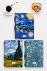 Kareli Defter Seti 3'lü A5 Spiralli Okul Defteri Öğrenci Not Defteri Van Gogh Defter